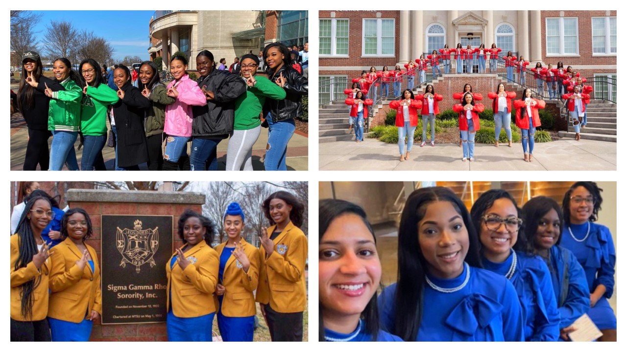 Black Greek fraternity members gathered on a university campus