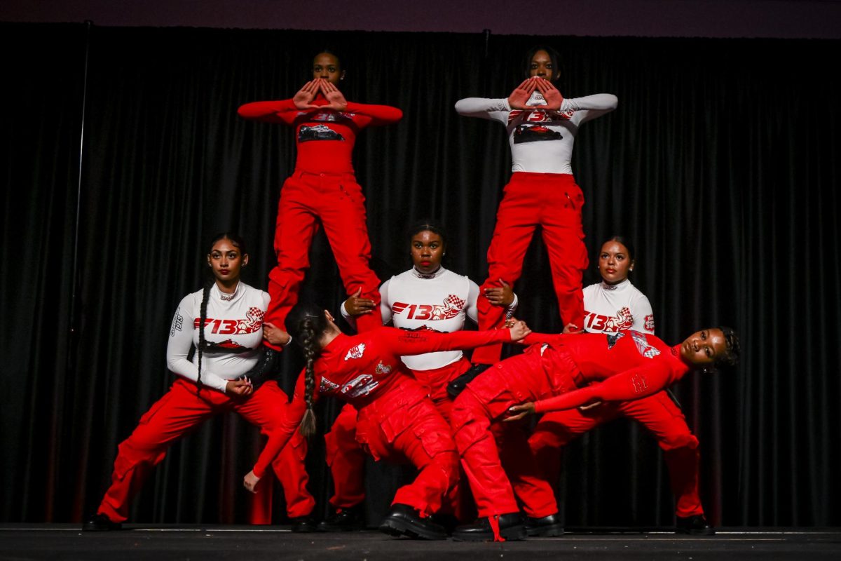 Black Greek fraternity step show with members in formation