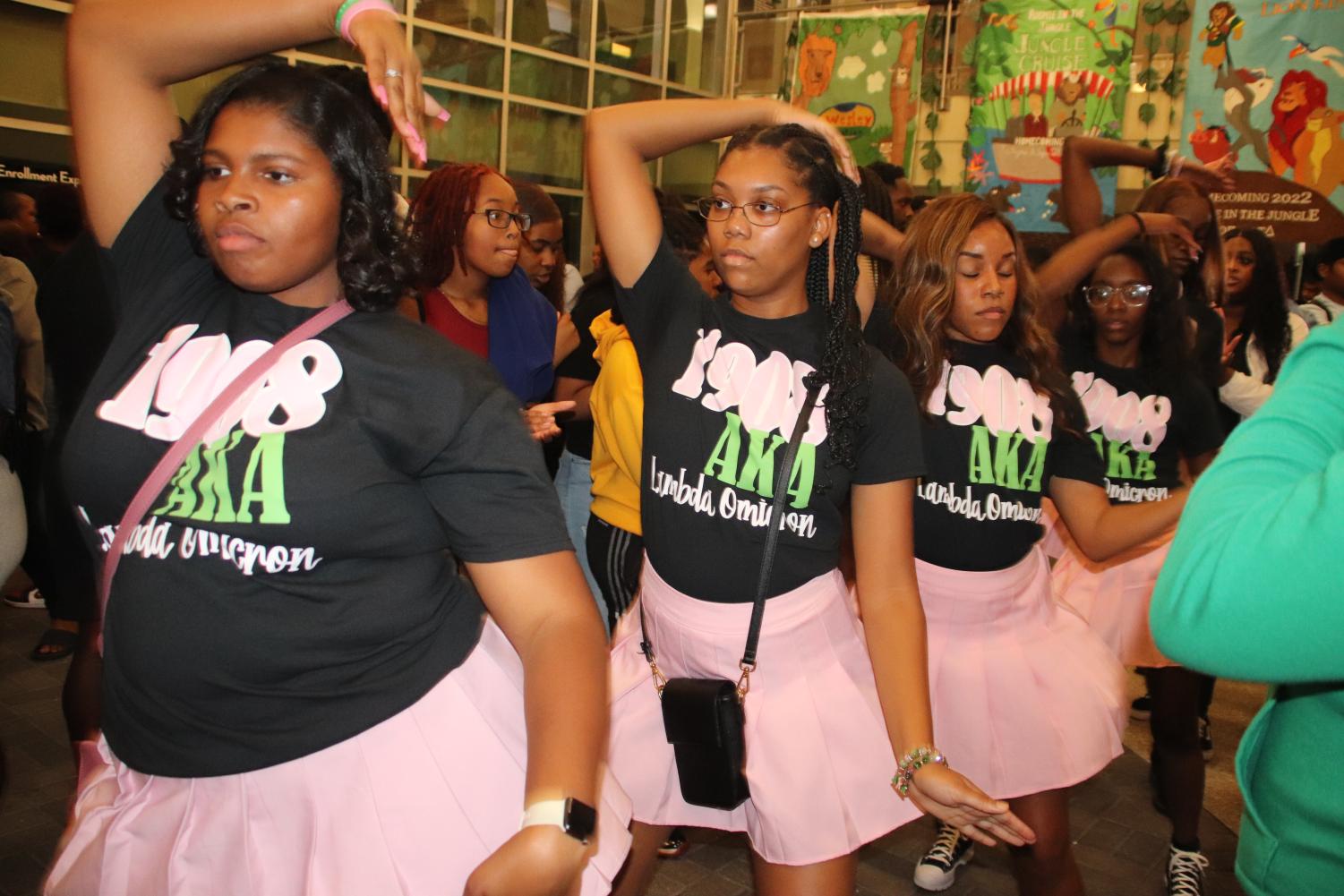 Black Greek strolling NPHC fraternity sorority line moving through room