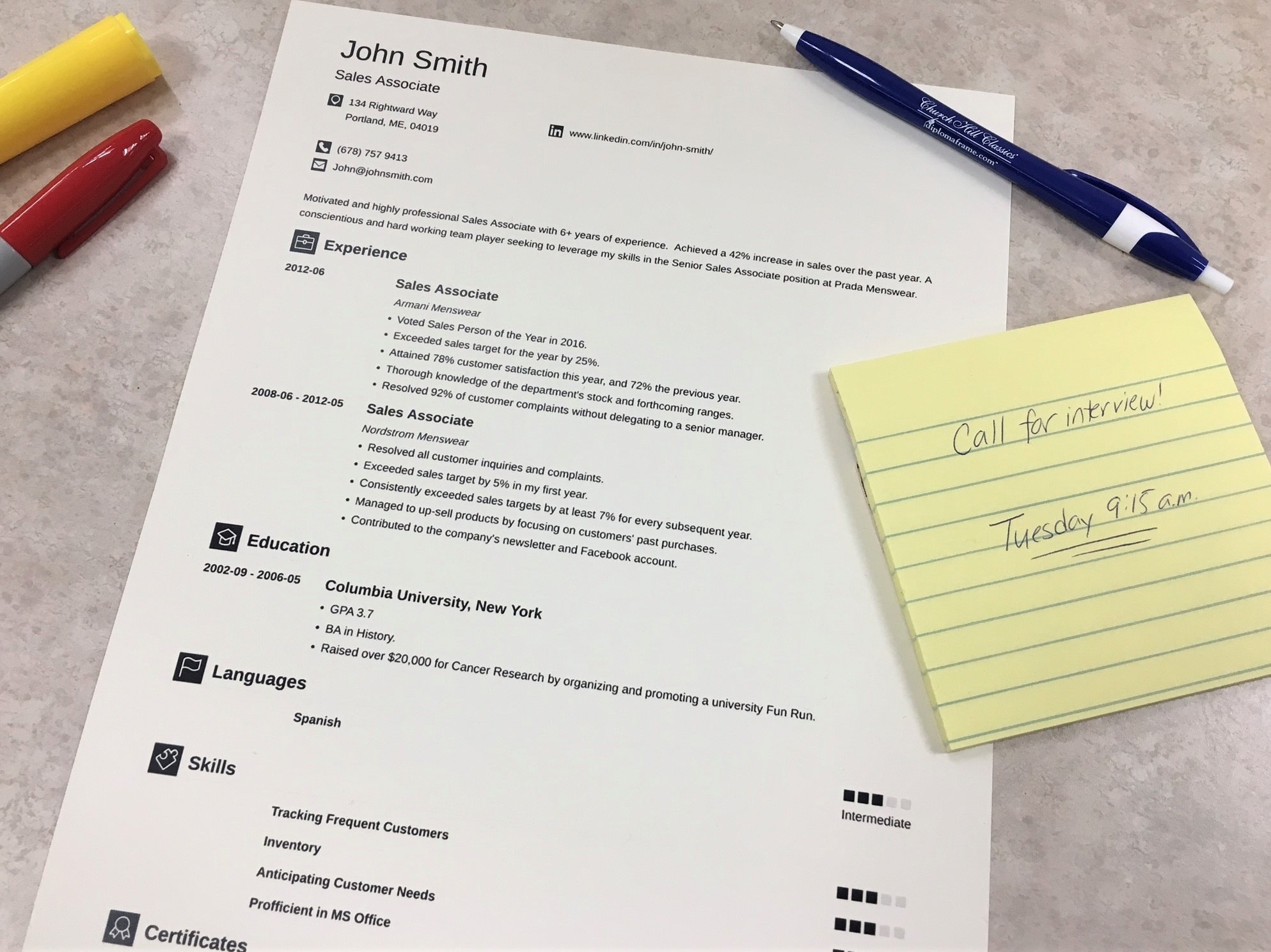 A printed resume on a desk