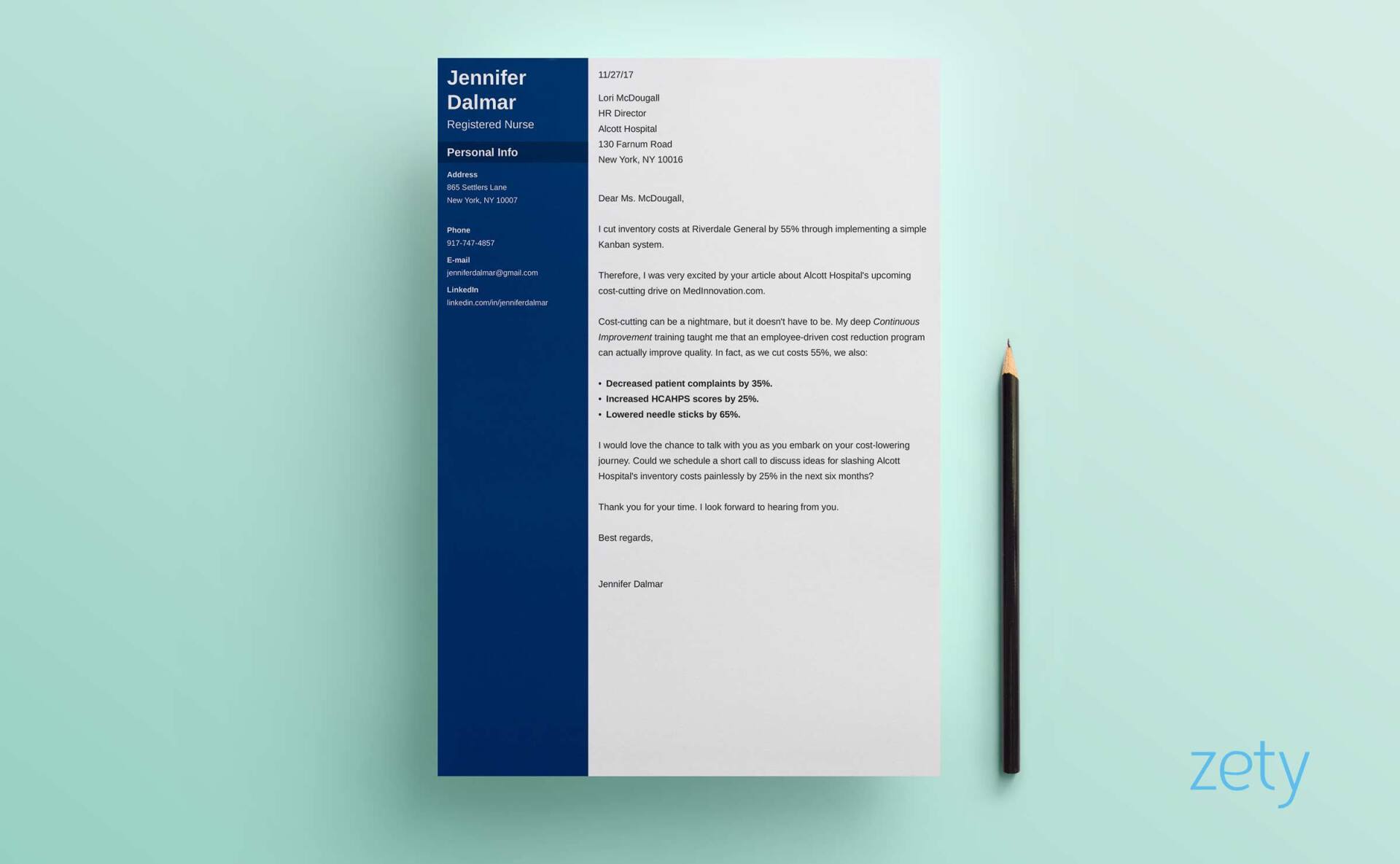 Sample interest letter laid out on a desk with a pen and notebook