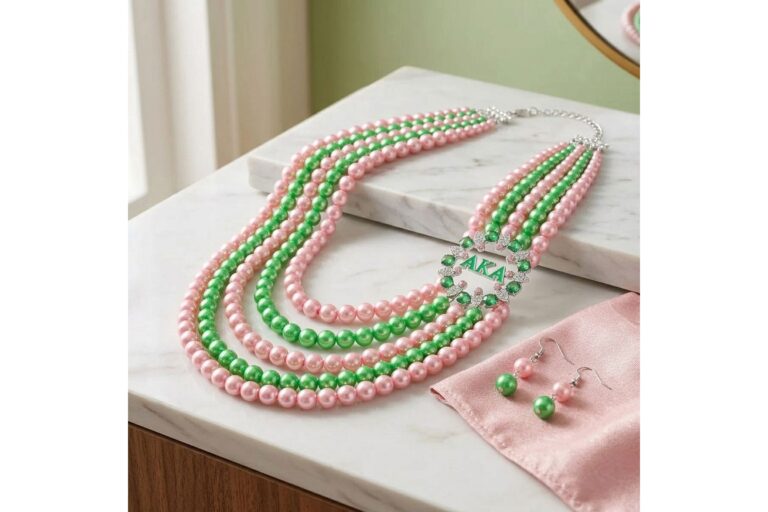 Alpha Kappa Alpha pink and green pearl necklace set as an AKA gift