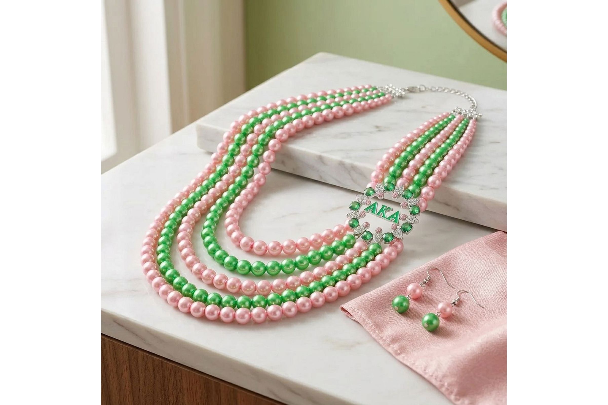 Alpha Kappa Alpha pink and green pearl necklace set as an AKA gift