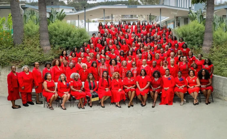 Delta Sigma Theta members in crimson gathered for a sisterhood event
