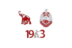 Delta Sigma Theta pin set with the shield and elephant in crimson and cream