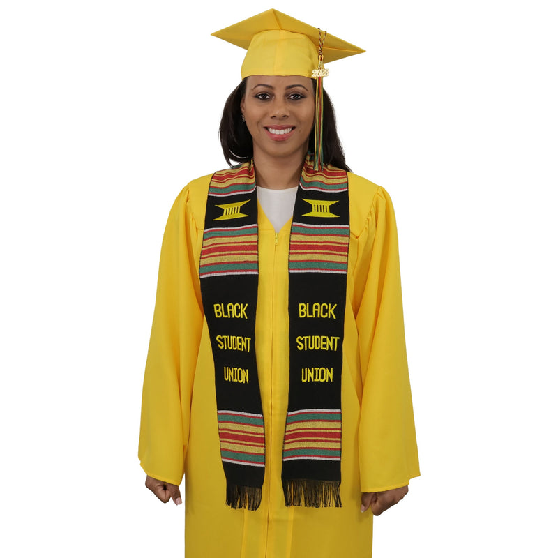 Custom embroidered graduation stole draped over a graduation gown