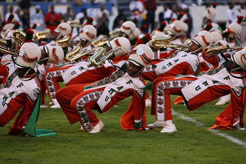 Florida A and M University Marching 100 band performing a field show