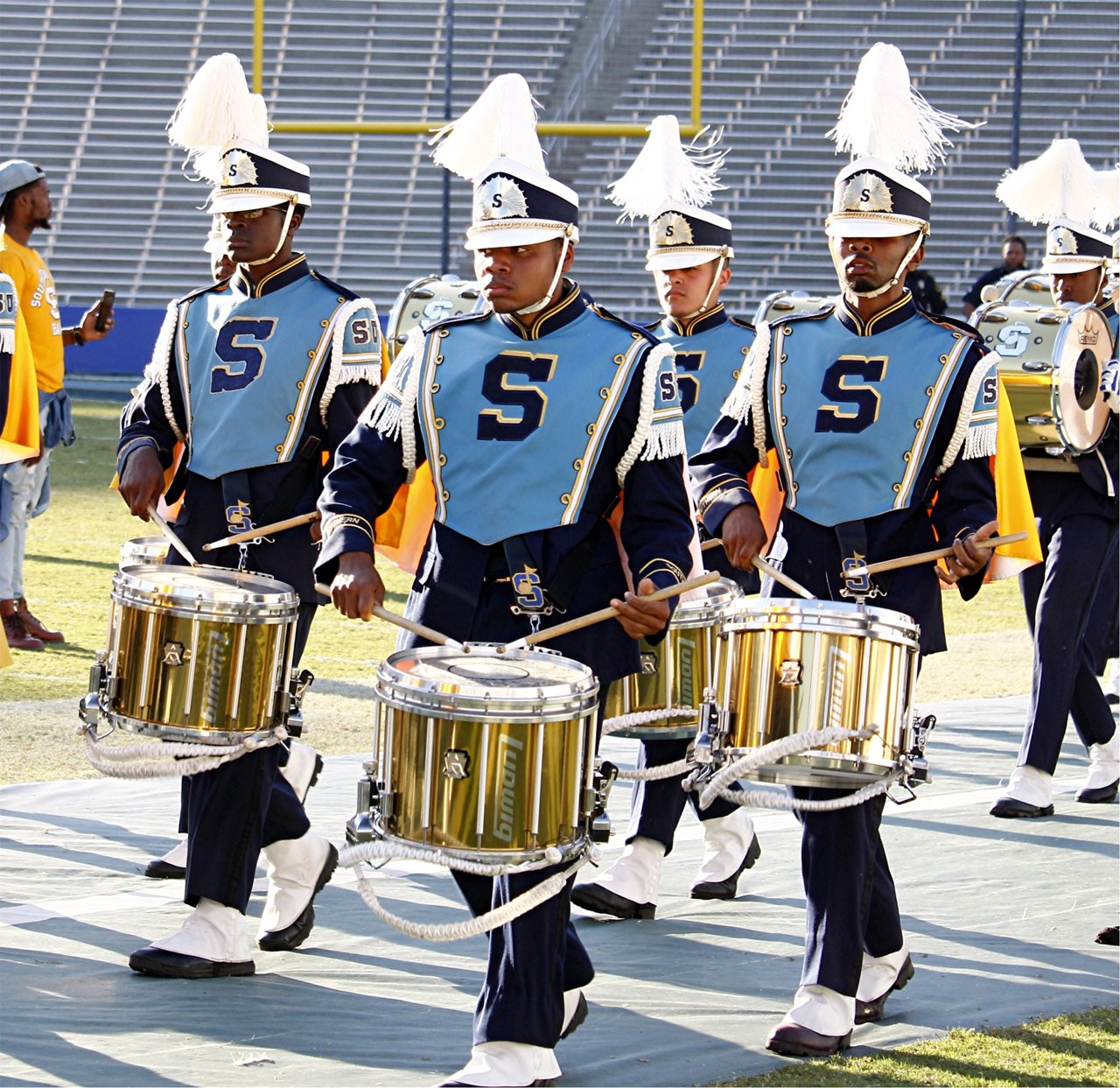 Southern University Human Jukebox snare drummers performing in formation