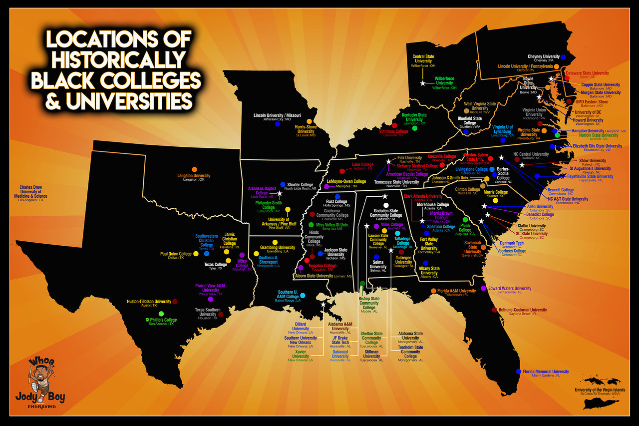 Map showing the locations of HBCUs across the United States