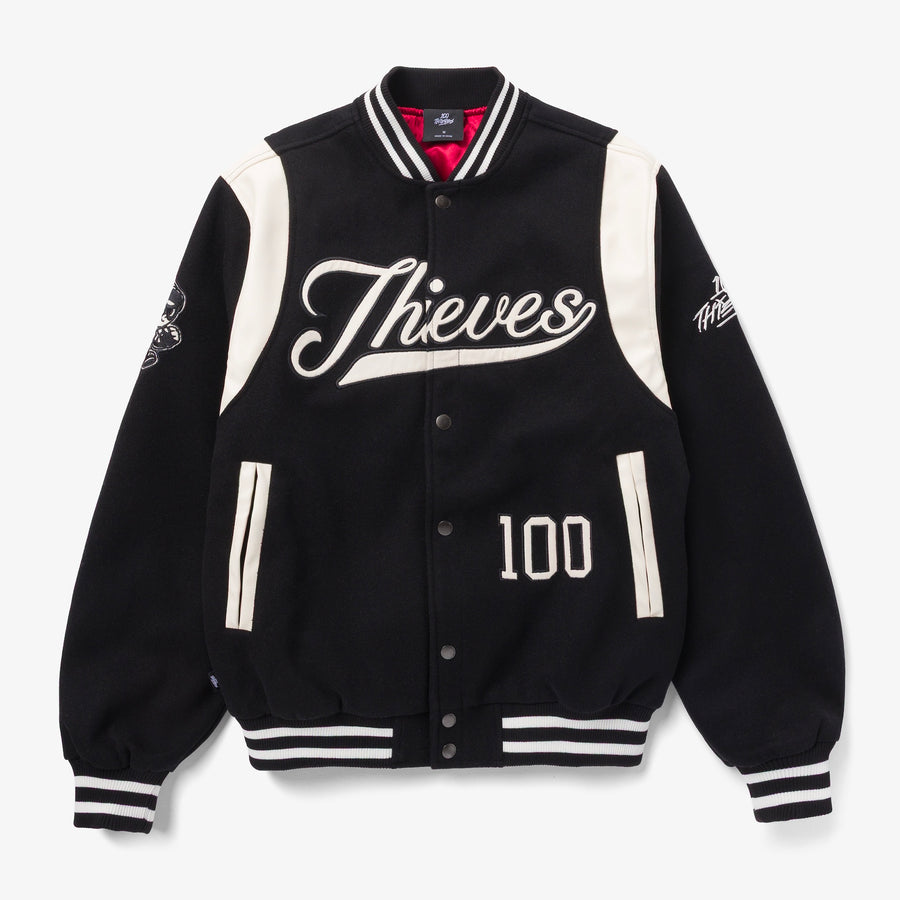 Varsity jacket decorated with bold tackle twill letters
